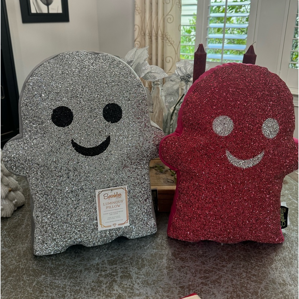 SPARKLES HOME” SILVER & HOT PINK SEQUIN GHOST PILLOWS